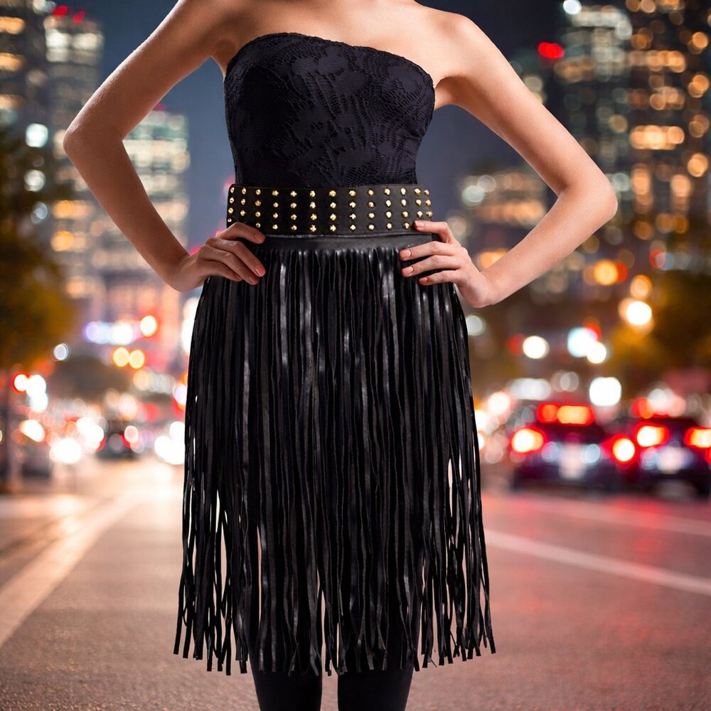 Black Studded Fringe Waist Belt